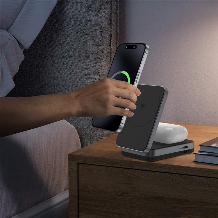 YF-M29 Qi2 Certified 2-in-1 15W Magnetic Wireless Charger with Aluminum Alloy Frame for Earbuds / iPhone - Black