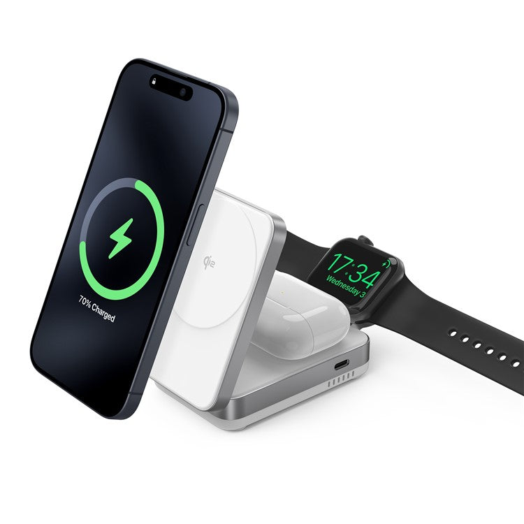 YF-M27 Qi2 Certified 3-in-1 15W Magnetic Wireless Charger with Aluminum Alloy Frame for Earbuds / Apple Watch / iPhone - White