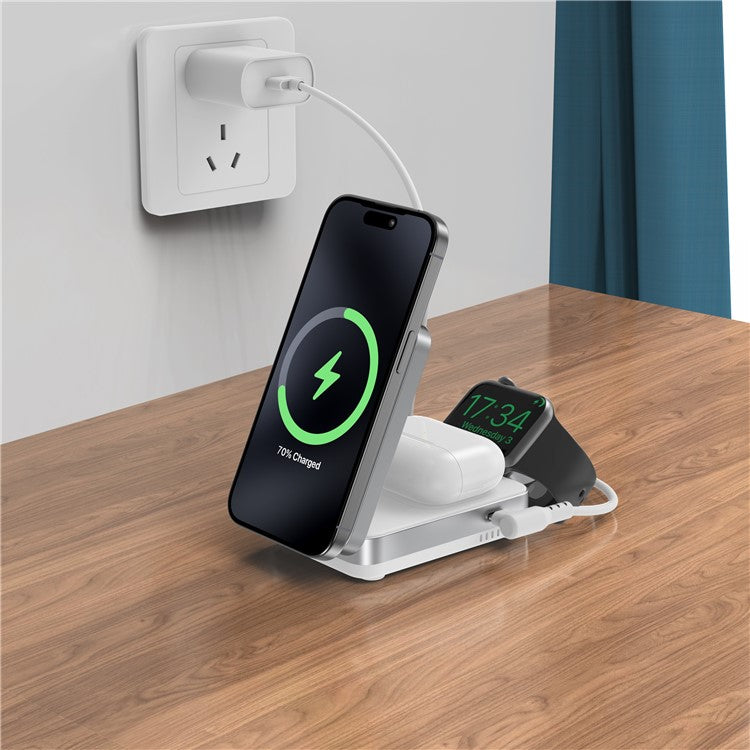 YF-M27 Qi2 Certified 3-in-1 15W Magnetic Wireless Charger with Aluminum Alloy Frame for Earbuds / Apple Watch / iPhone - White