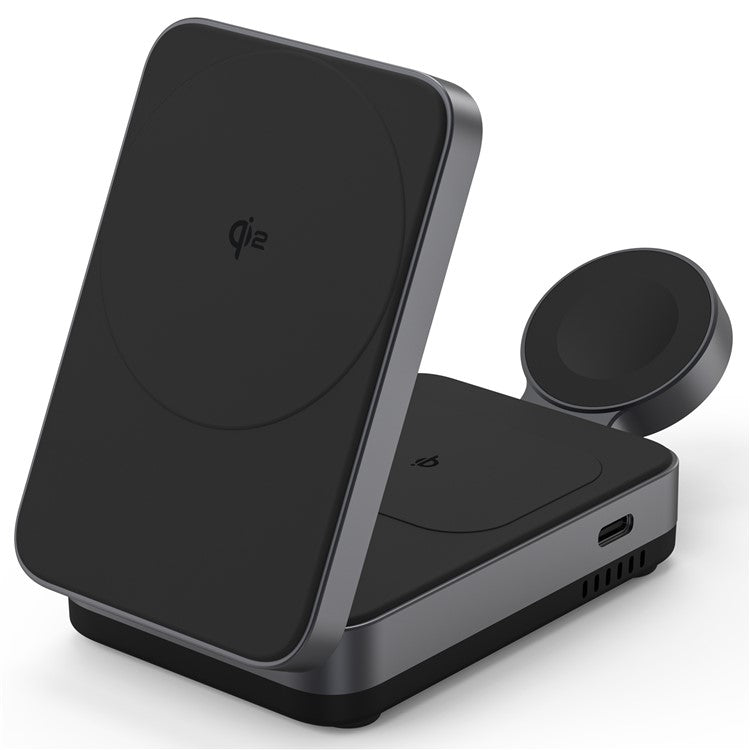 YF-M27 Qi2 Certified 3-in-1 15W Magnetic Wireless Charger with Aluminum Alloy Frame for Earbuds / Apple Watch / iPhone - Black