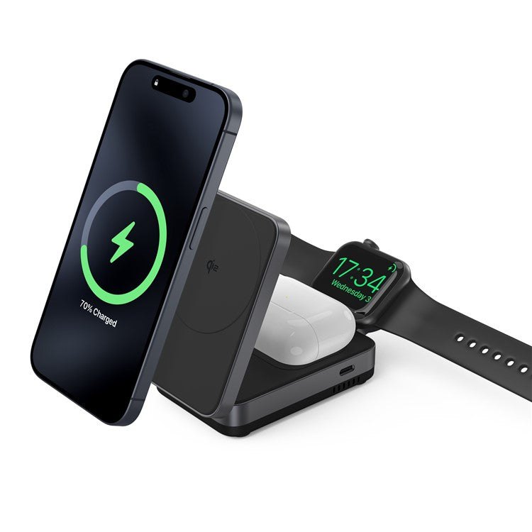 YF-M27 Qi2 Certified 3-in-1 15W Magnetic Wireless Charger with Aluminum Alloy Frame for Earbuds / Apple Watch / iPhone - Black