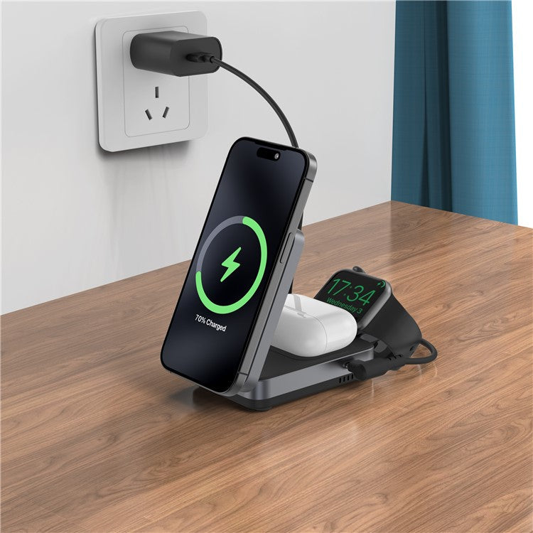 YF-M27 Qi2 Certified 3-in-1 15W Magnetic Wireless Charger with Aluminum Alloy Frame for Earbuds / Apple Watch / iPhone - Black