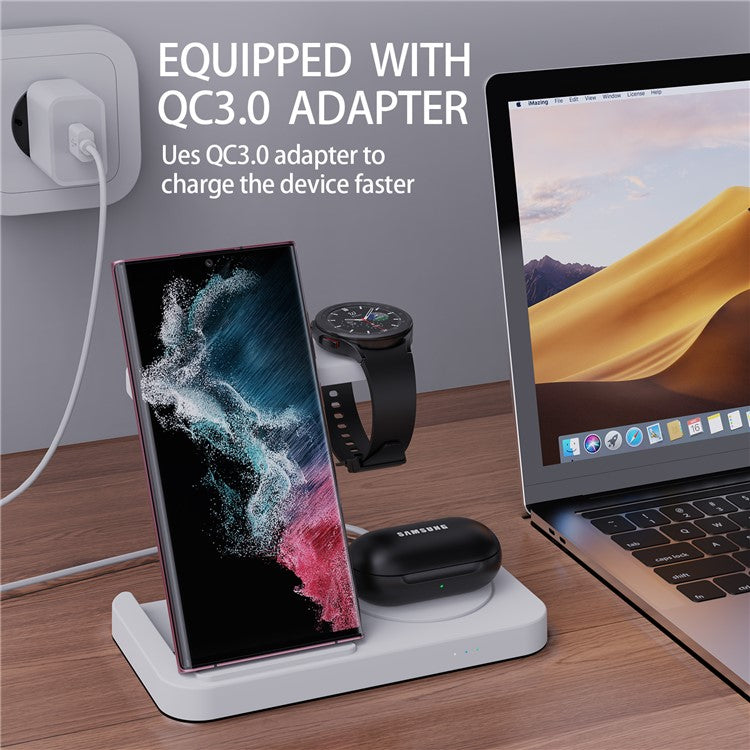 B-18C 3 in 1 Wireless Charger 15W Fast Charging Station Charger Stand for Samsung Galaxy / Watch / Buds - White