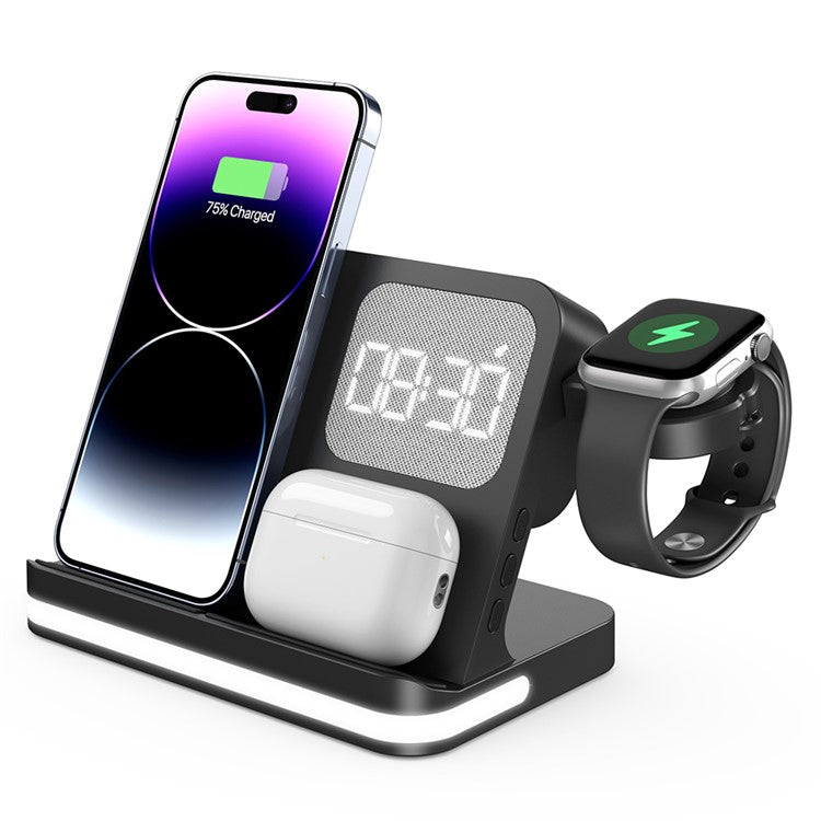 B-22 3 in 1 Wireless Charger 15W Charging Station for iPhone / Apple Watch, AirPods with Alarm Clock - Black