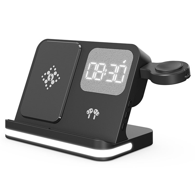 B-22 3 in 1 Wireless Charger 15W Charging Station for iPhone / Apple Watch, AirPods with Alarm Clock - Black