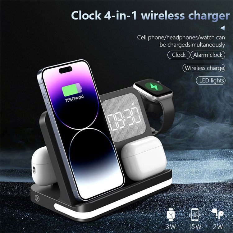 B-22 3 in 1 Wireless Charger 15W Charging Station for iPhone / Apple Watch, AirPods with Alarm Clock - Black