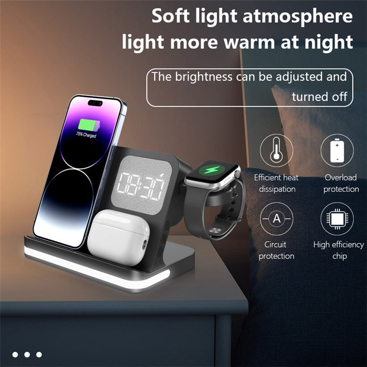 B-22 3 in 1 Wireless Charger 15W Charging Station for iPhone / Apple Watch, AirPods with Alarm Clock - Black