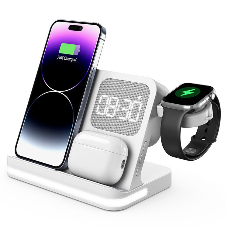 B-22 3 in 1 Wireless Charger 15W Charging Station for iPhone / Apple Watch, AirPods with Alarm Clock - White