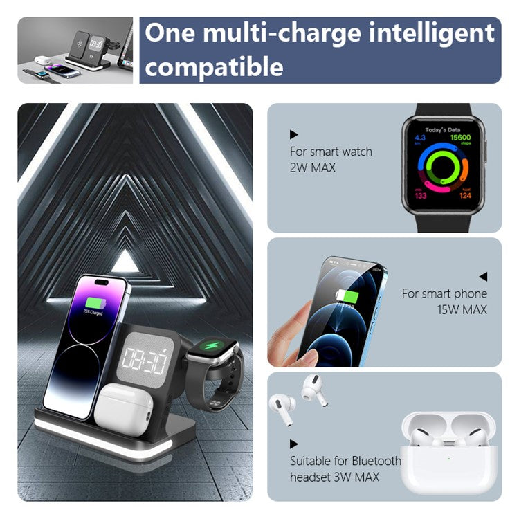 B-22 3 in 1 Wireless Charger 15W Charging Station for iPhone / Apple Watch, AirPods with Alarm Clock - White