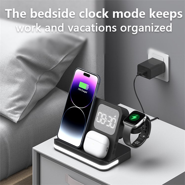 B-22 3 in 1 Wireless Charger 15W Charging Station for iPhone / Apple Watch, AirPods with Alarm Clock - White