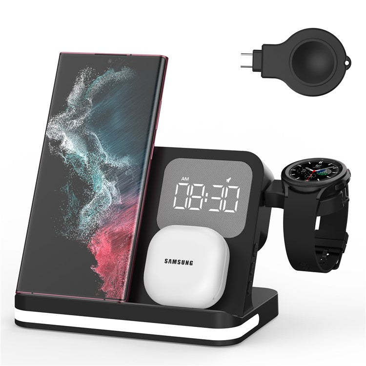 B-22 3 in 1 Wireless Charger 15W Charging Station for Samsung Galaxy Phone / Watch / Buds with Alarm Clock - Black