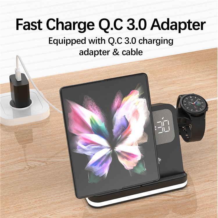B-22 3 in 1 Wireless Charger 15W Charging Station for Samsung Galaxy Phone / Watch / Buds with Alarm Clock - Black