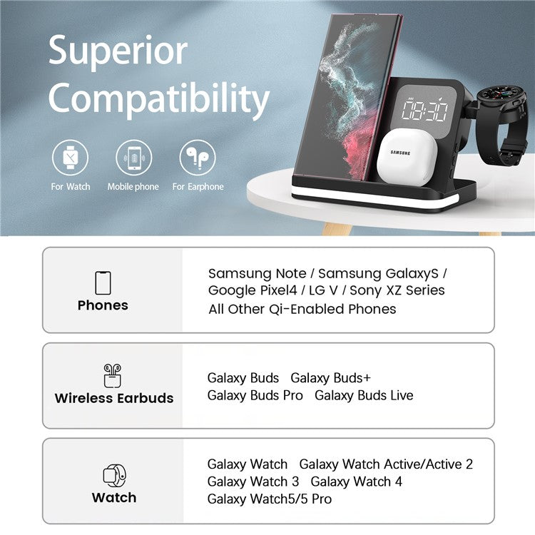 B-22 3 in 1 Wireless Charger 15W Charging Station for Samsung Galaxy Phone / Watch / Buds with Alarm Clock - Black