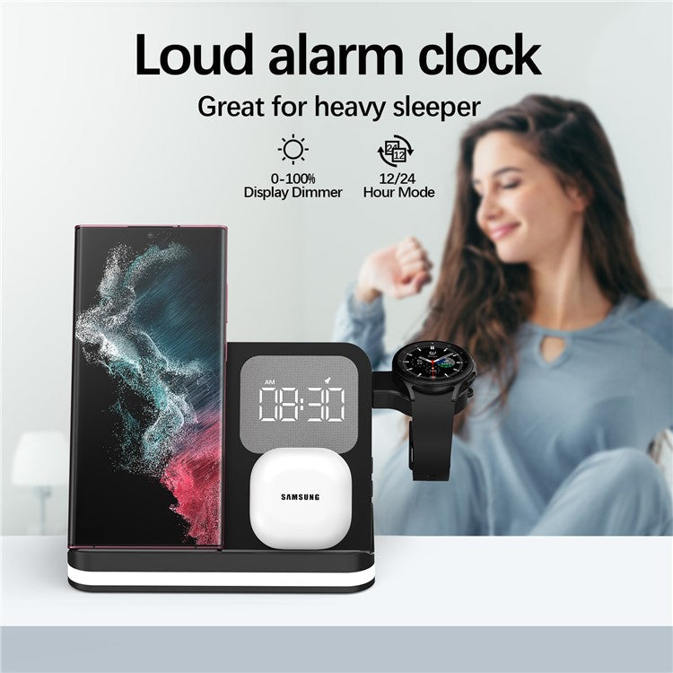 B-22 3 in 1 Wireless Charger 15W Charging Station for Samsung Galaxy Phone / Watch / Buds with Alarm Clock - Black