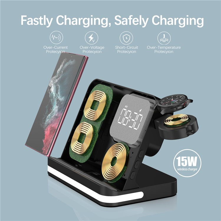 B-22 3 in 1 Wireless Charger 15W Charging Station for Samsung Galaxy Phone / Watch / Buds with Alarm Clock - Black