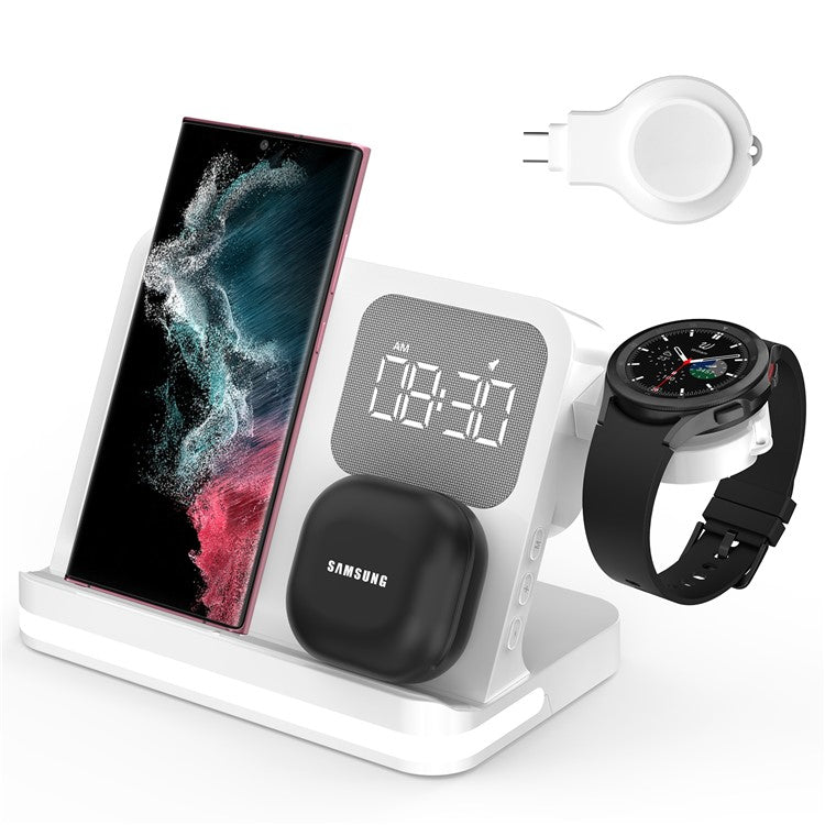B-22 3 in 1 Wireless Charger 15W Charging Station for Samsung Galaxy Phone / Watch / Buds with Alarm Clock - White
