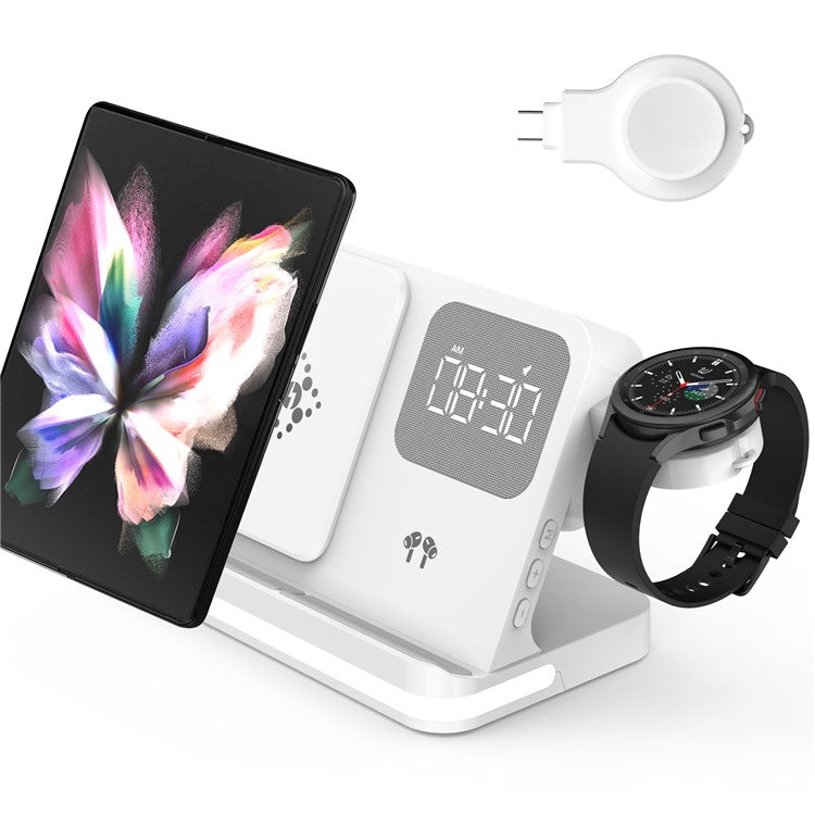 B-22 3 in 1 Wireless Charger 15W Charging Station for Samsung Galaxy Phone / Watch / Buds with Alarm Clock - White