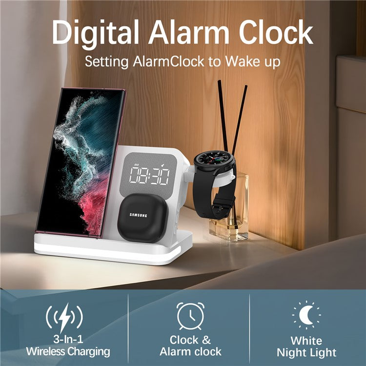 B-22 3 in 1 Wireless Charger 15W Charging Station for Samsung Galaxy Phone / Watch / Buds with Alarm Clock - White