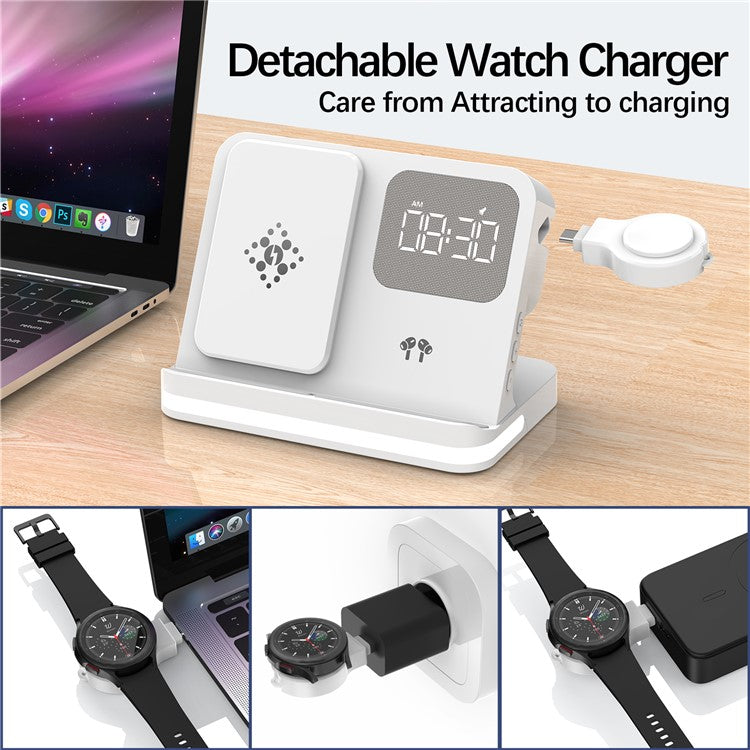 B-22 3 in 1 Wireless Charger 15W Charging Station for Samsung Galaxy Phone / Watch / Buds with Alarm Clock - White