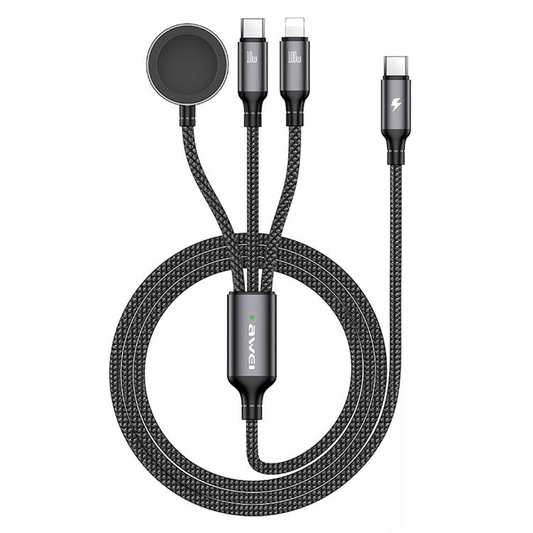 AWEI W23 1.2m Type-C to Type-C + iP + Wireless Charger for Apple Watch 3-in-1 Charging Cable - Black