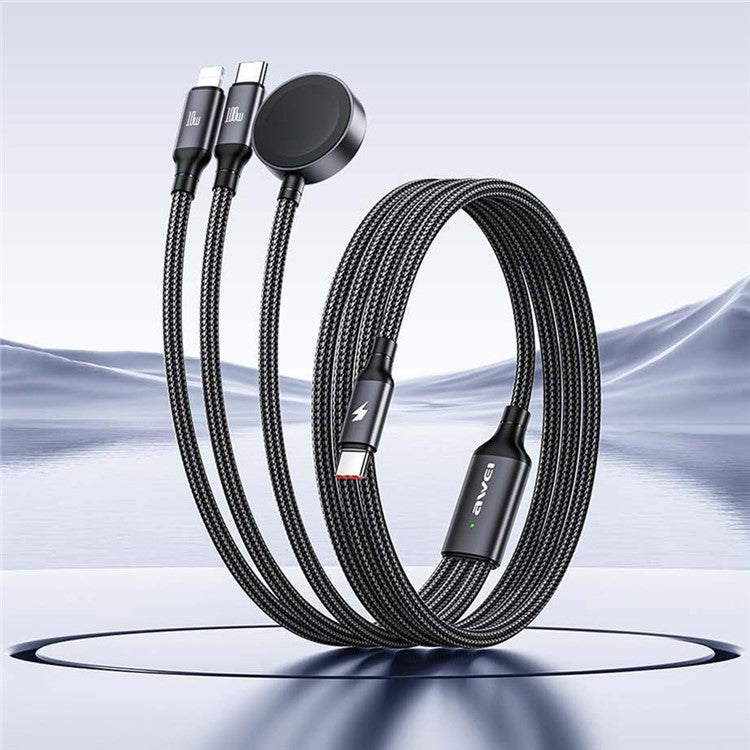 AWEI W23 1.2m Type-C to Type-C + iP + Wireless Charger for Apple Watch 3-in-1 Charging Cable - Black