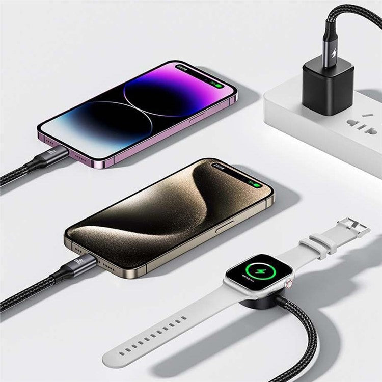 AWEI W23 1.2m Type-C to Type-C + iP + Wireless Charger for Apple Watch 3-in-1 Charging Cable - Black