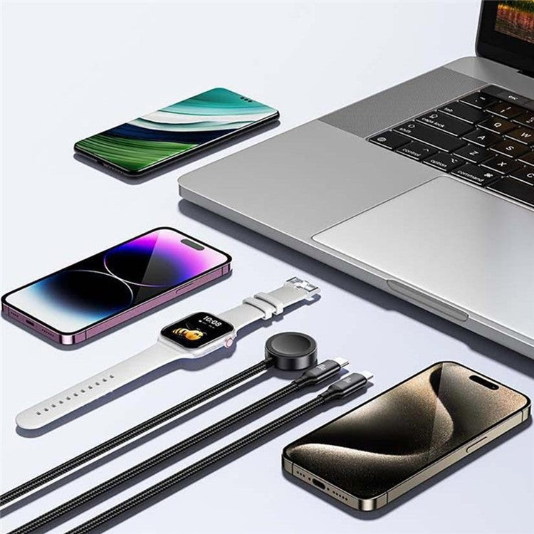 AWEI W23 1.2m Type-C to Type-C + iP + Wireless Charger for Apple Watch 3-in-1 Charging Cable - Black