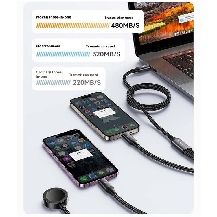 AWEI W23 1.2m Type-C to Type-C + iP + Wireless Charger for Apple Watch 3-in-1 Charging Cable - Black