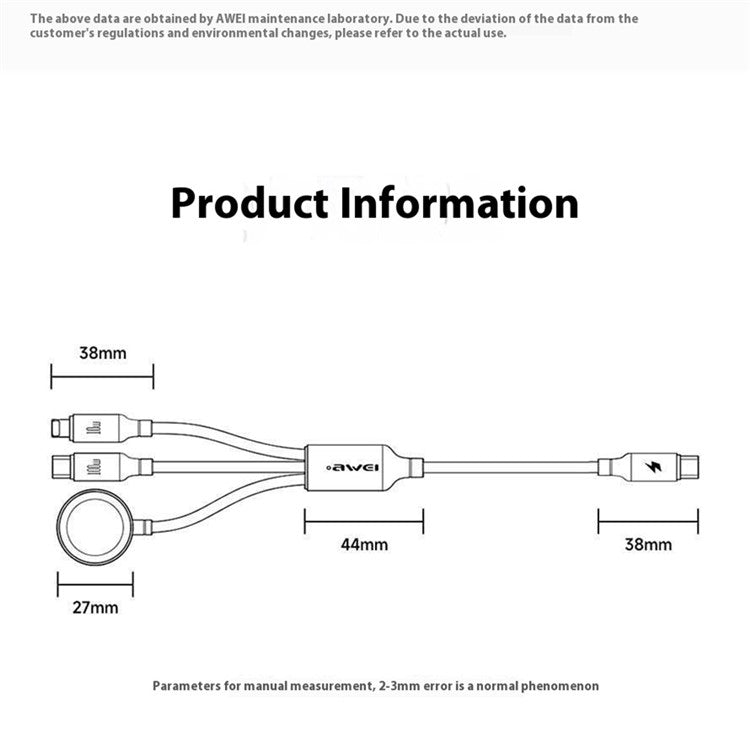 AWEI W23 1.2m Type-C to Type-C + iP + Wireless Charger for Apple Watch 3-in-1 Charging Cable - Black