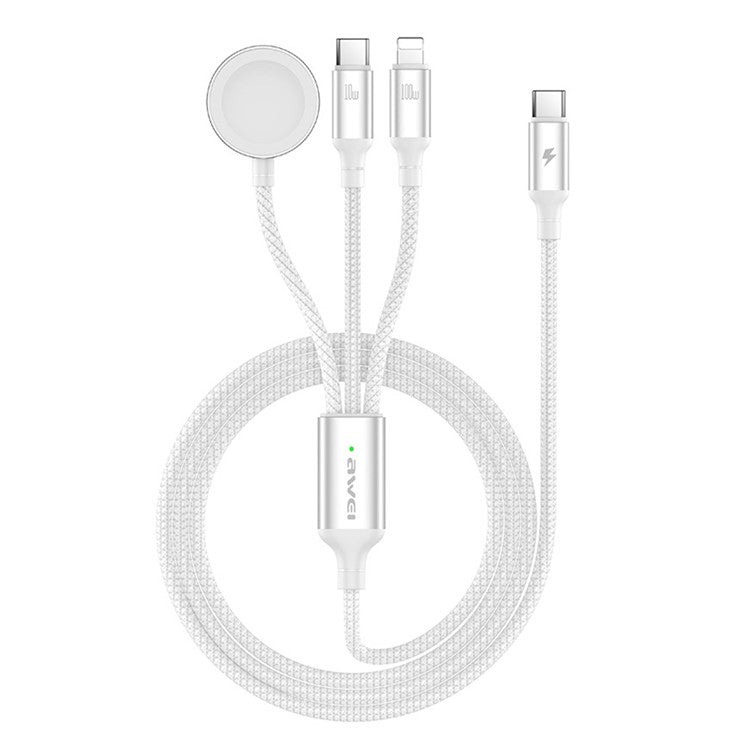 AWEI W23 1.2m Type-C to Type-C + iP + Wireless Charger for Apple Watch 3-in-1 Charging Cable - White