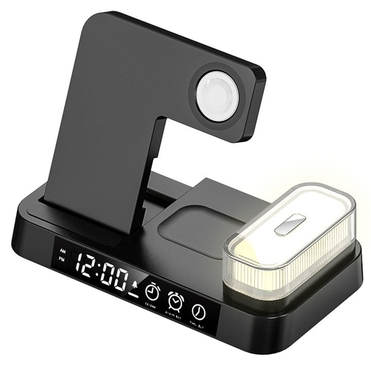 A37 3-in-1 For Cell Phone Watch 15W Wireless Charger Folding Design Alarm Clock 20W Type C Port RGB LED Night Light - Black