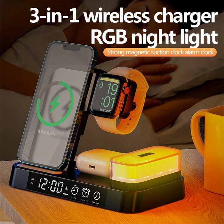 A37 3-in-1 For Cell Phone Watch 15W Wireless Charger Folding Design Alarm Clock 20W Type C Port RGB LED Night Light - Black