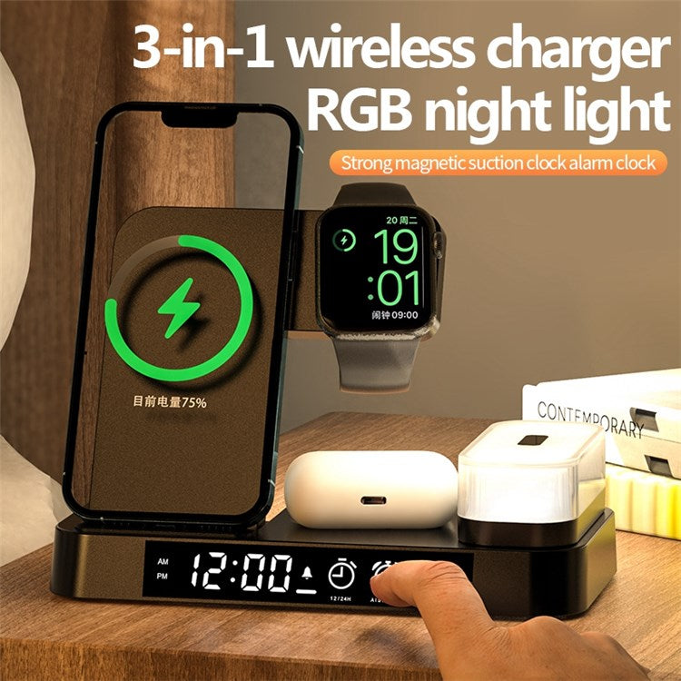 A37 3-in-1 For Cell Phone Watch 15W Wireless Charger Folding Design Alarm Clock 20W Type C Port RGB LED Night Light - Black