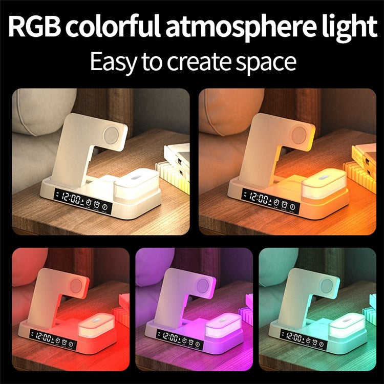 A37 3-in-1 For Cell Phone Watch 15W Wireless Charger Folding Design Alarm Clock 20W Type C Port RGB LED Night Light - Black