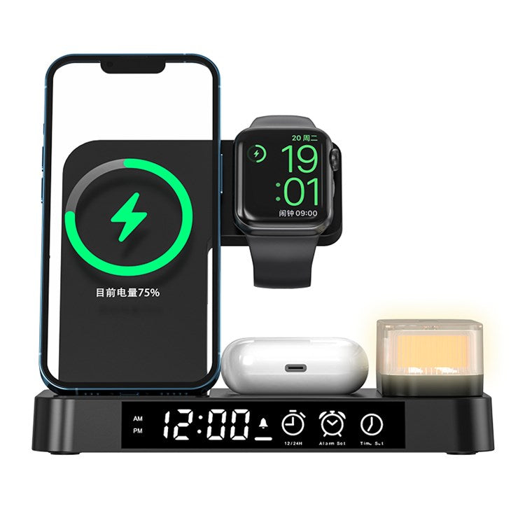 A37 3-in-1 For Cell Phone Watch 15W Wireless Charger Folding Design Alarm Clock 20W Type C Port RGB LED Night Light - Black
