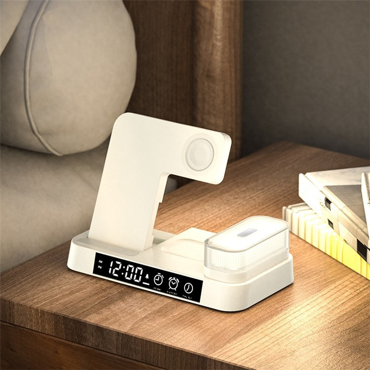 A37 3-in-1 For Cell Phone Watch 15W Wireless Charger Folding Design Alarm Clock 20W Type C Port RGB LED Night Light - White