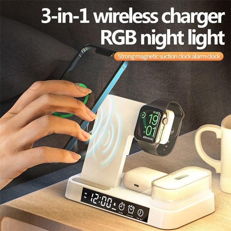 A37 3-in-1 For Cell Phone Watch 15W Wireless Charger Folding Design Alarm Clock 20W Type C Port RGB LED Night Light - White