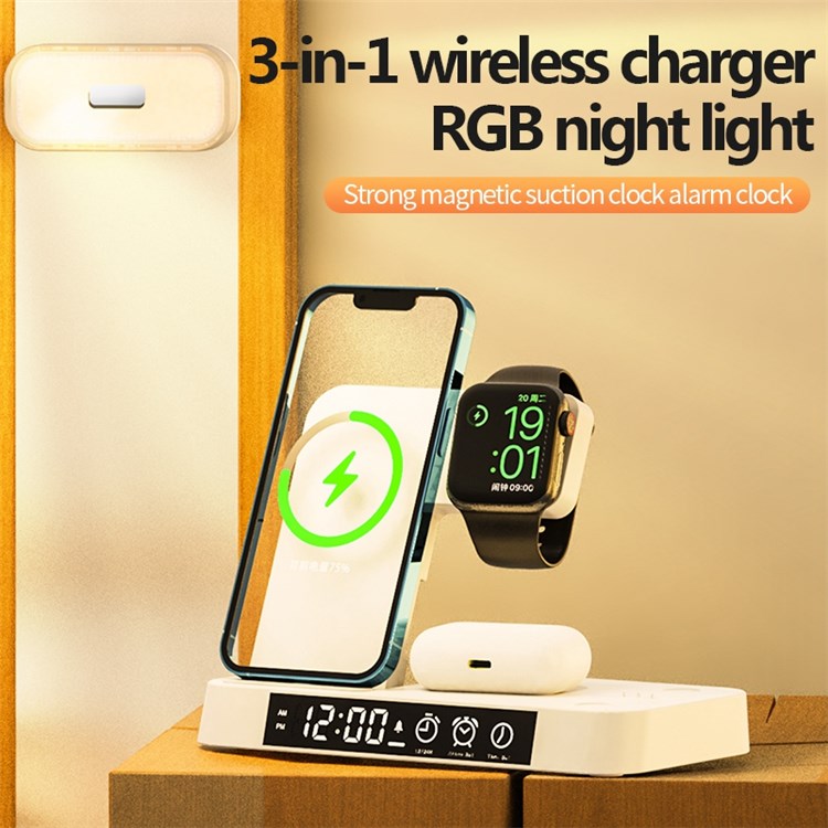 A37 3-in-1 For Cell Phone Watch 15W Wireless Charger Folding Design Alarm Clock 20W Type C Port RGB LED Night Light - White