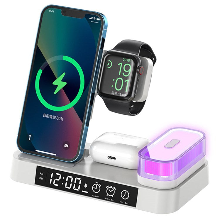 A37 3-in-1 For Cell Phone Watch 15W Wireless Charger Folding Design Alarm Clock 20W Type C Port RGB LED Night Light - White