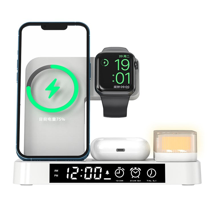 A37 3-in-1 For Cell Phone Watch 15W Wireless Charger Folding Design Alarm Clock 20W Type C Port RGB LED Night Light - White