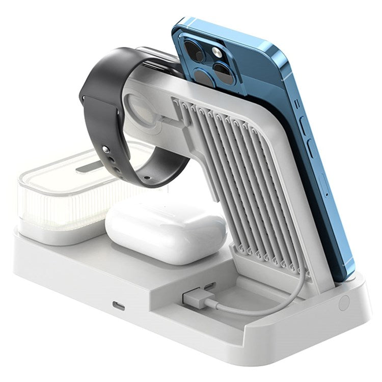 A37 3-in-1 For Cell Phone Watch 15W Wireless Charger Folding Design Alarm Clock 20W Type C Port RGB LED Night Light - White