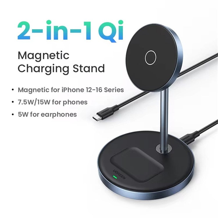 UGREEN 2 In 1 Magnetic Wireless Charger 700g Magnetic Force Adjustable Charging Stand For iPhone 16 / 15 / 14 / 13 / 12 Series and AirPods