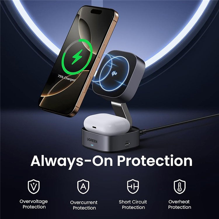 UGREEN Qi2 Magnetic Foldable 2-in-1 Fast Wireless Charger 15W Charging Stand For iPhone 16 / 15 / 14 Airpods Pro