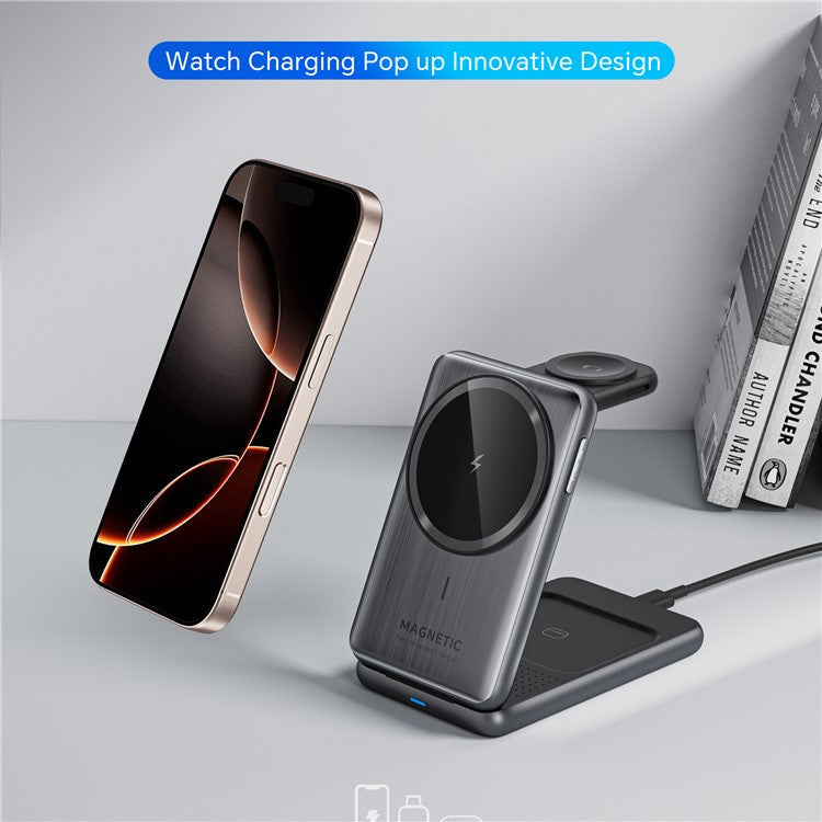 W93 Aluminum Alloy Magnetic Foldable 3 in 1 Wireless Charger Stand for iPhone / Apple Watch / AirPods