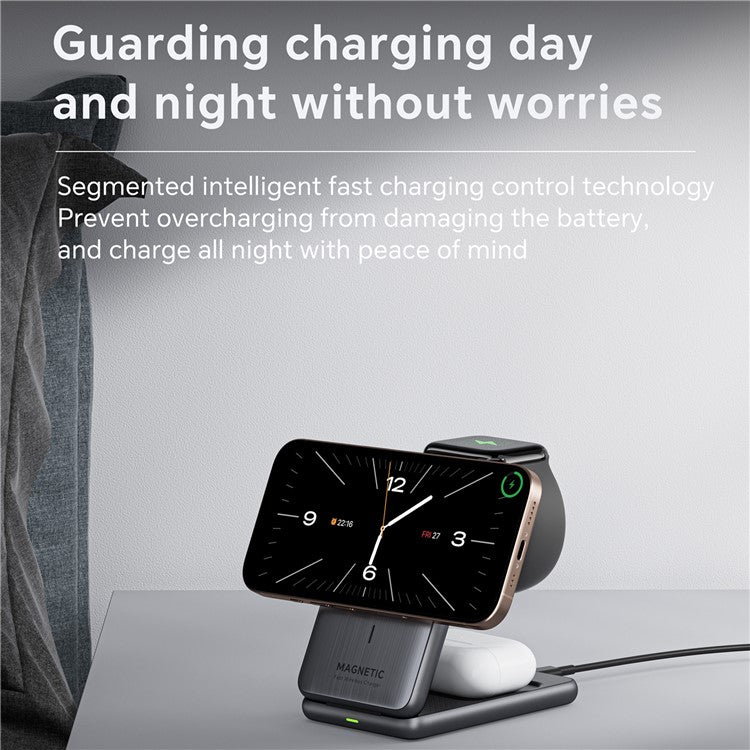 W93 Aluminum Alloy Magnetic Foldable 3 in 1 Wireless Charger Stand for iPhone / Apple Watch / AirPods