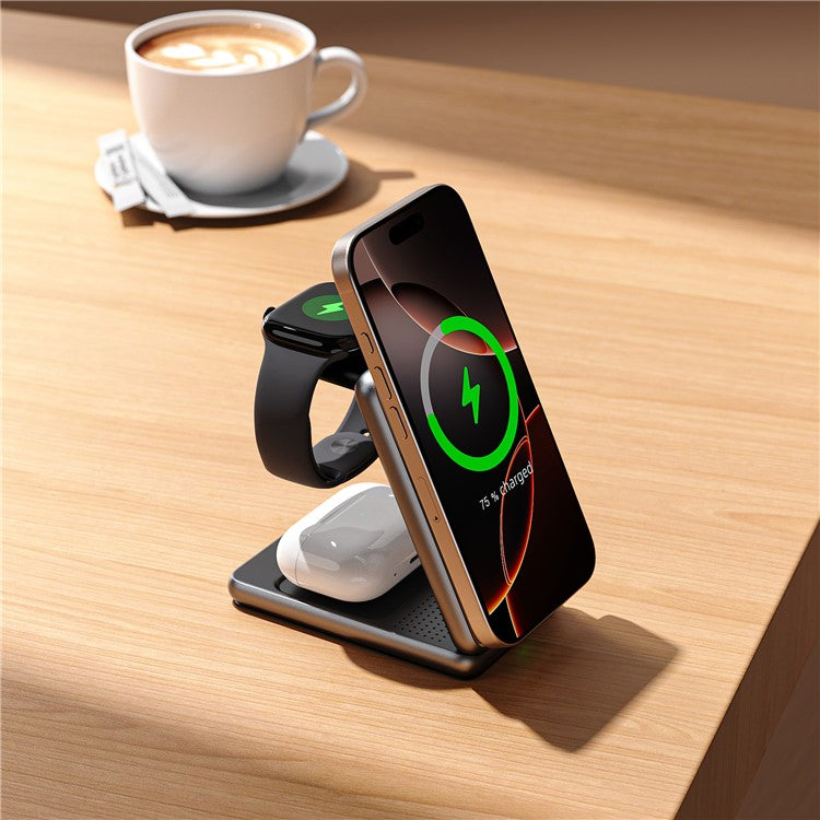W93 Aluminum Alloy Magnetic Foldable 3 in 1 Wireless Charger Stand for iPhone / Apple Watch / AirPods