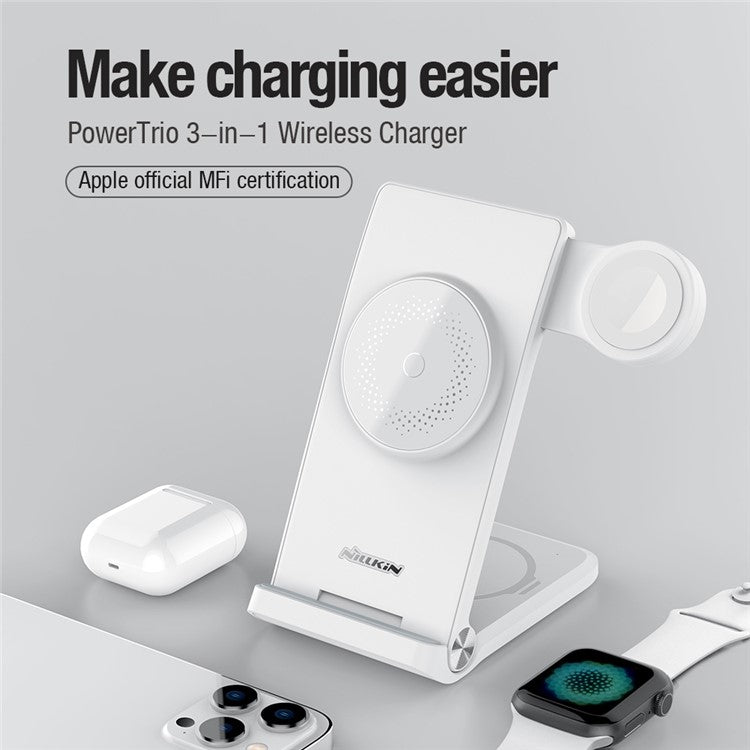 NILLKIN Powertrio 3 in 1 Charging Station Magnetic Wireless Charger for Mobile Phone / Earphone / Smart Watch, with MFi Certified Apple Watch Charger (EU Plug)