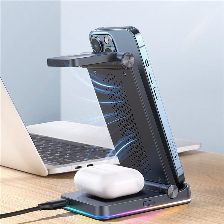 JOYROOM JR-WQN01 15W Wireless Charger 3-In-1 Foldable Phone Stand Holder Desktop Watch Earphone Magnetic Charging Pad with 1m USB to Type-C Cable