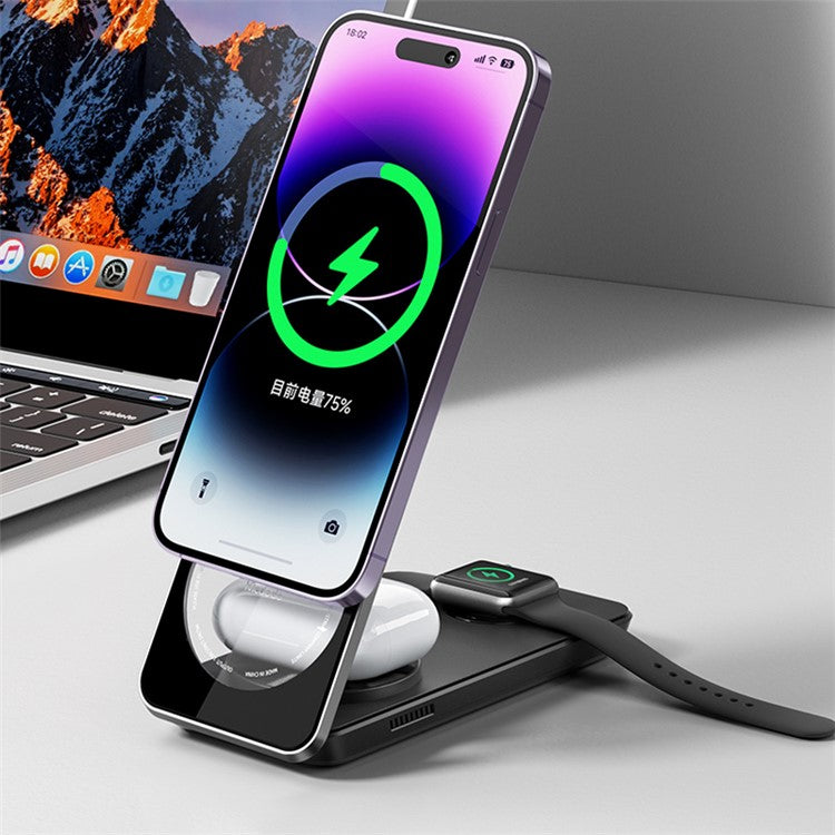 MCDODO CH-115 3-in-1 Magnetic Wireless Charger Strong Adsorption Folding Fast Charging Stand iPhone 12 / 13 / 14 Series Mobile Phones - Black
