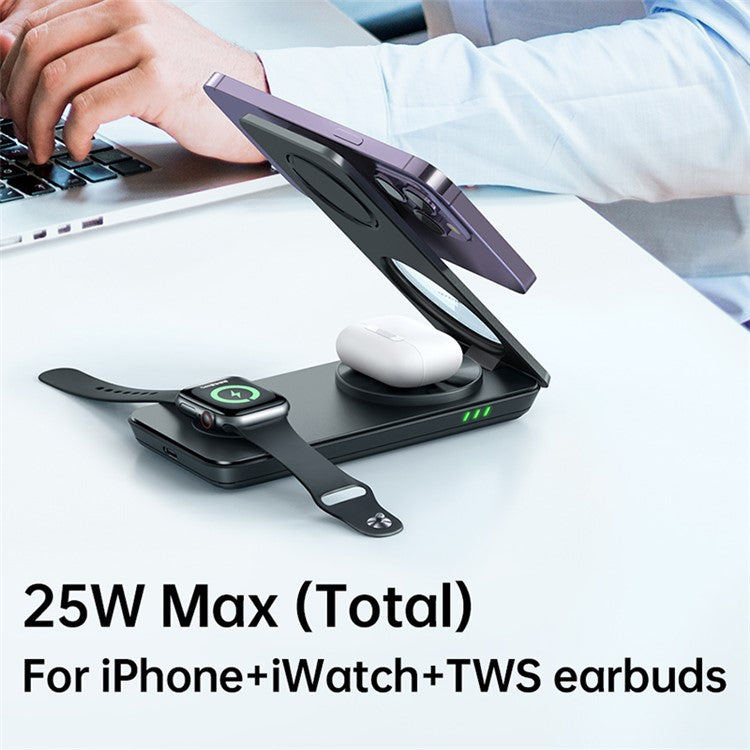 MCDODO CH-115 3-in-1 Magnetic Wireless Charger Strong Adsorption Folding Fast Charging Stand iPhone 12 / 13 / 14 Series Mobile Phones - White